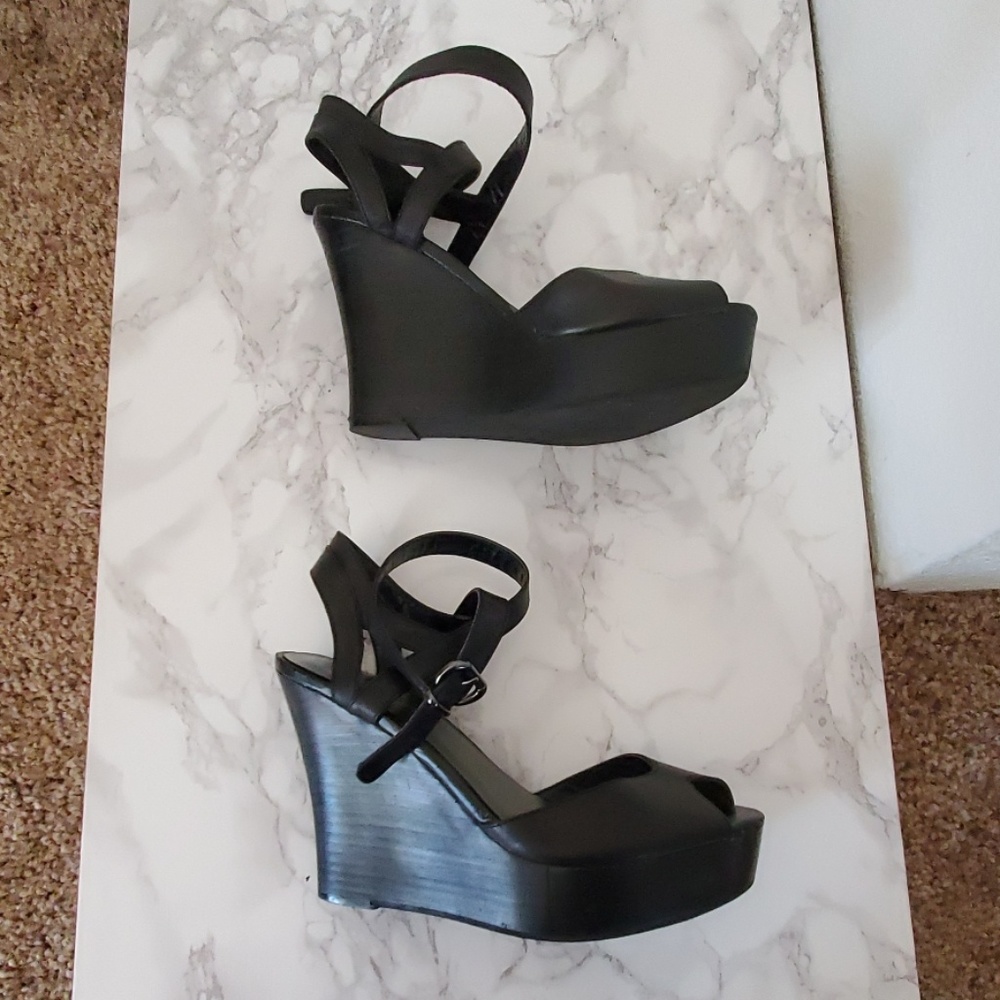Fergalicious Black ankle strap peep-toe wedge